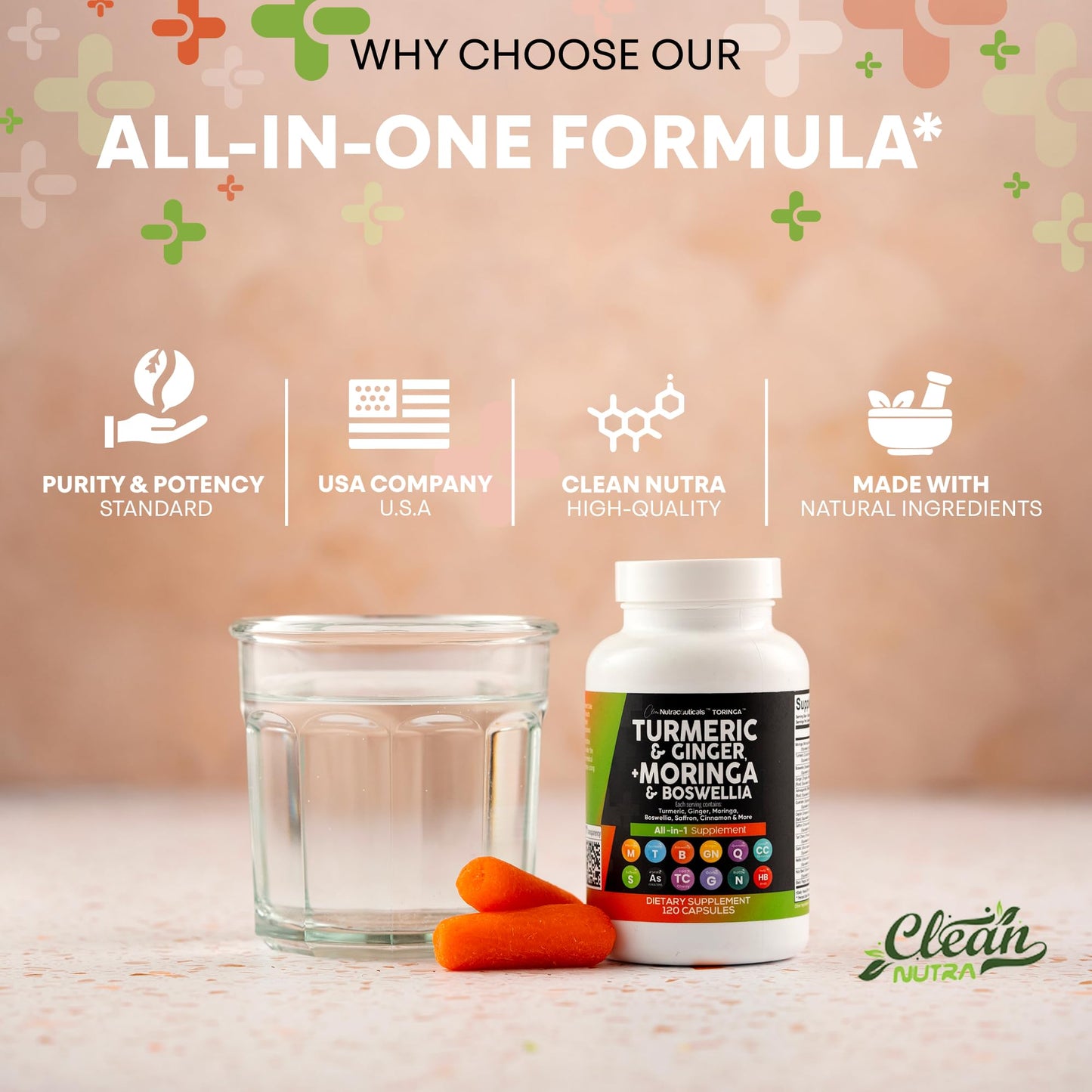 Clean Nutra Turmeric Moringa Supplement with Ginger, Boswellia & Saffron