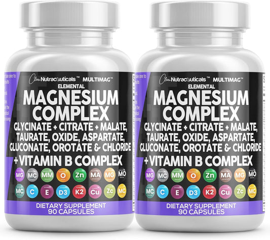 Clean Nutraceuticals MultiMag Magnesium Complex - 9 Magnesium Forms + B Vitamins (180 Capsules, Pack of 2)