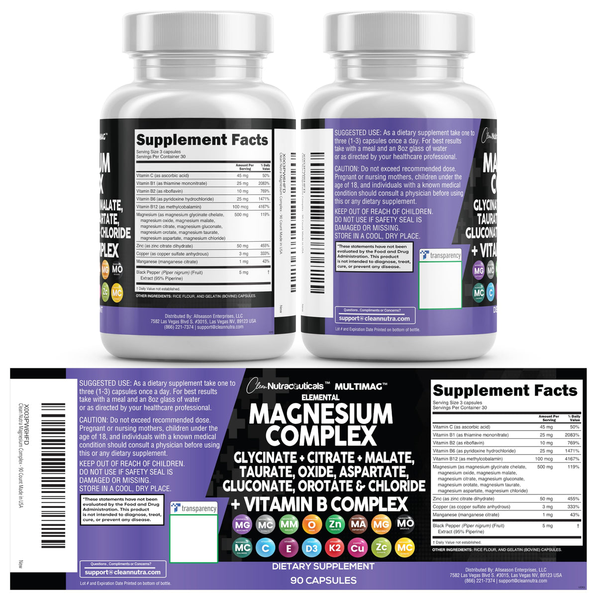 Clean Nutraceuticals MultiMag Magnesium Complex - 9 Magnesium Forms + B Vitamins (180 Capsules, Pack of 2) - Calm Era