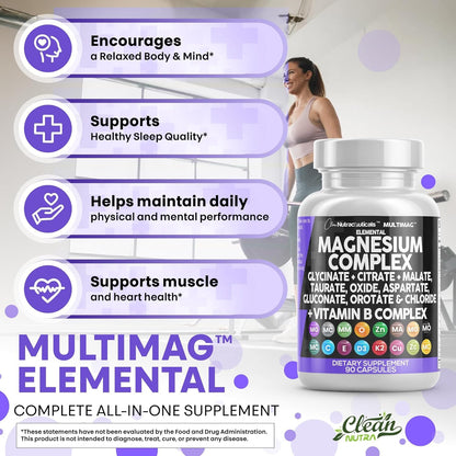 Clean Nutraceuticals MultiMag Magnesium Complex - 9 Magnesium Forms + B Vitamins (180 Capsules, Pack of 2) - Calm Era