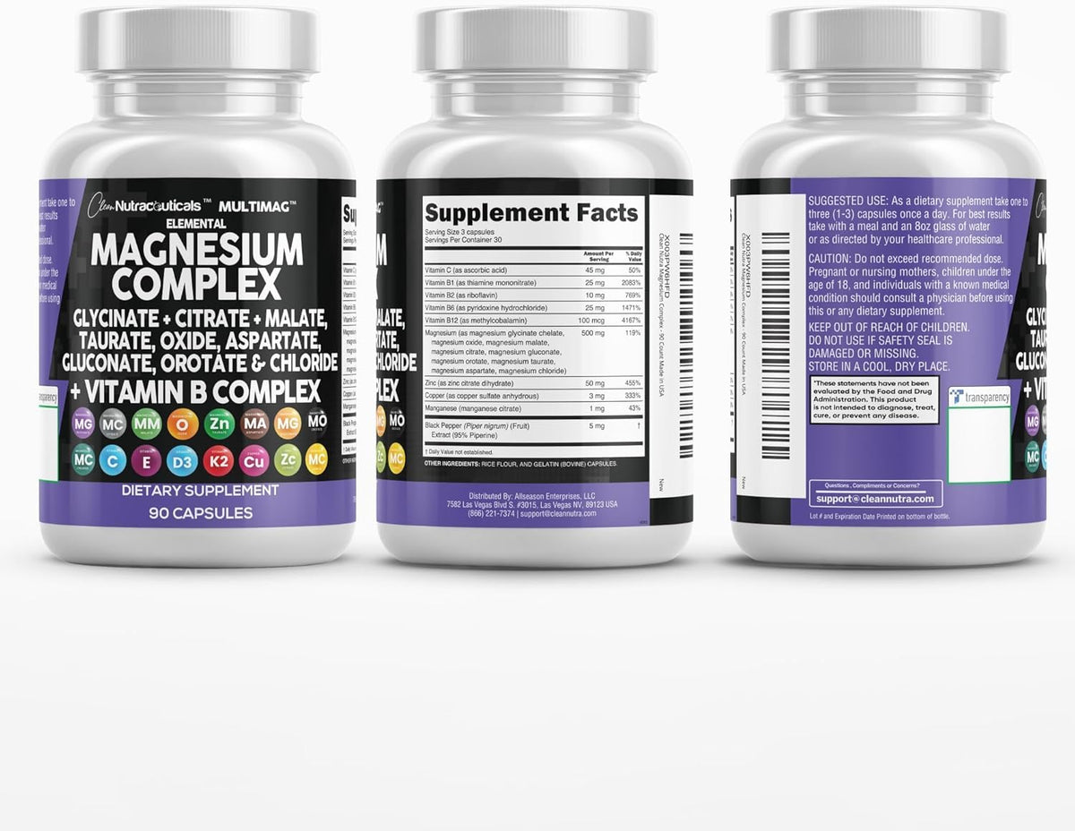 Clean Nutraceuticals MultiMag Magnesium Complex - 9 Magnesium Forms + B Vitamins (180 Capsules, Pack of 2) - Calm Era