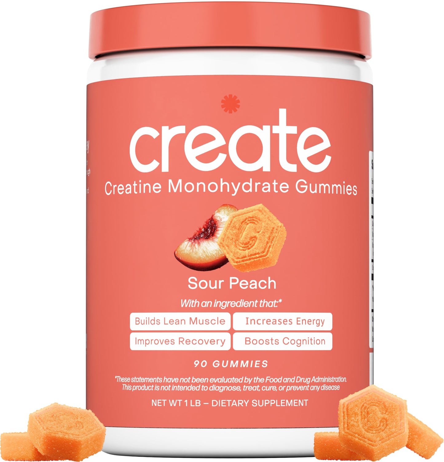 Create Creatine Monohydrate Gummies | 1.5g Creapure per Gummy | Sour Peach | Vegan
