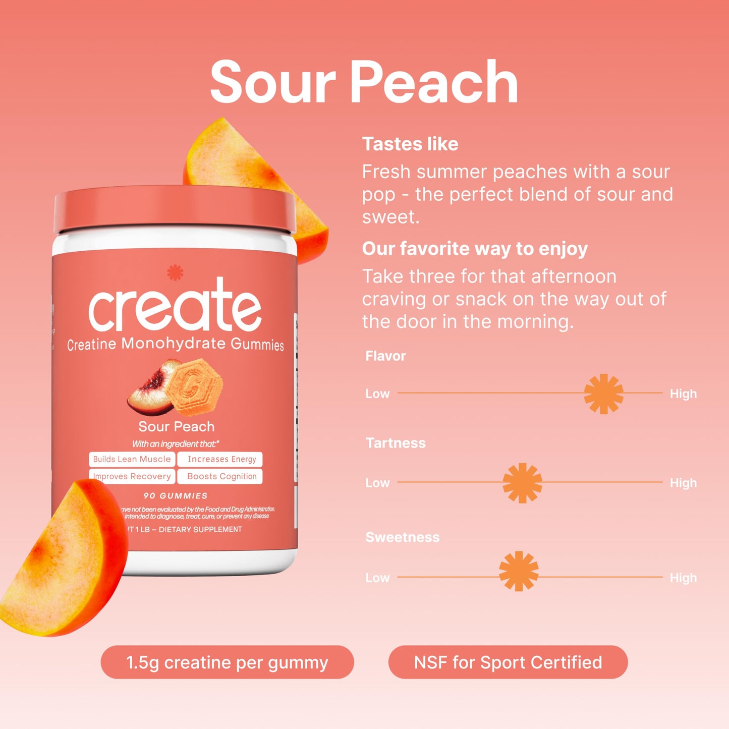 Create Creatine Monohydrate Gummies | 1.5g Creapure per Gummy | Sour Peach | Vegan