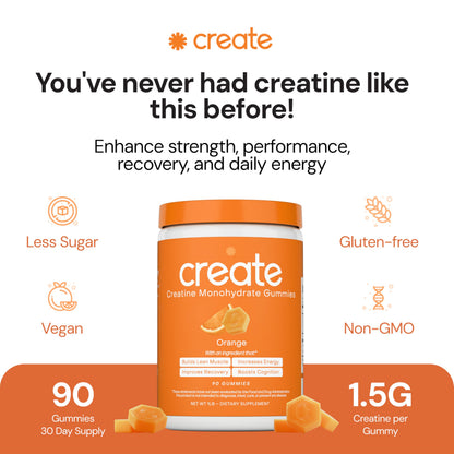 Create Creatine Monohydrate Gummies 1.5g | Vegan Anti-Melt Orange