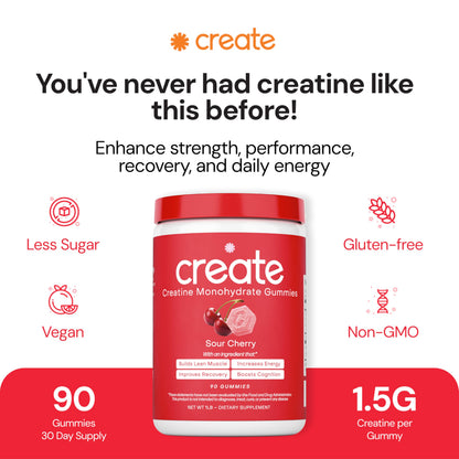 Create Creatine Monohydrate Gummies 1.5g | Sour Cherry Vegan Gluten-Free