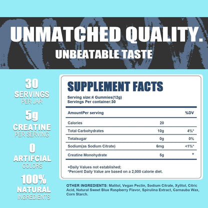 Creatine Monohydrate Gummies 5g – Vegan, Halal & Sugar-Free | Blue Raspberry