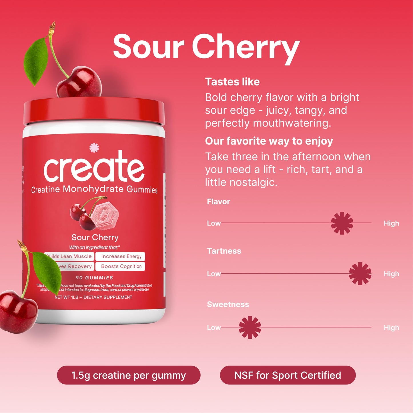 Create Creatine Monohydrate Gummies 1.5g | Sour Cherry Vegan Gluten-Free
