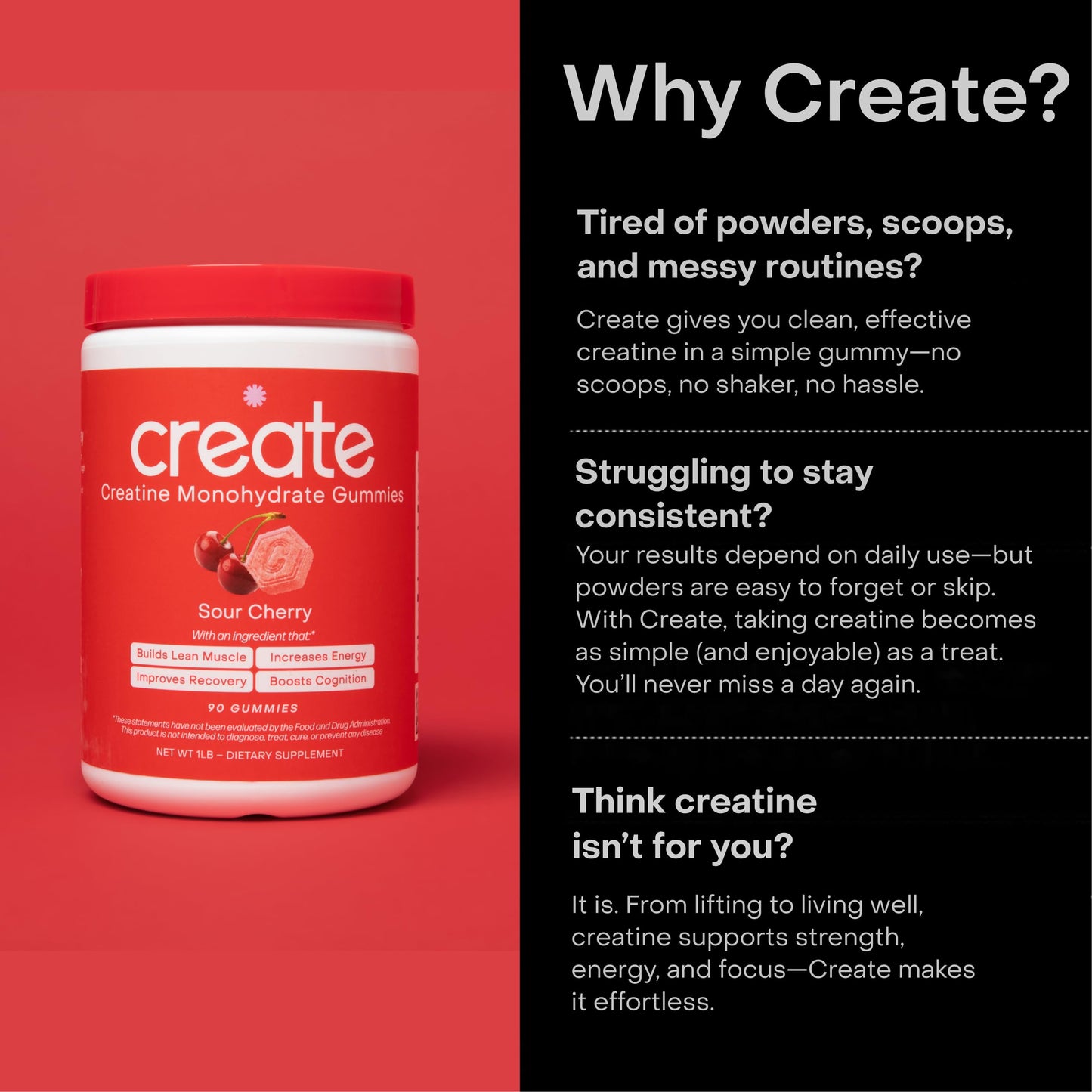 Create Creatine Monohydrate Gummies 1.5g | Sour Cherry Vegan Gluten-Free