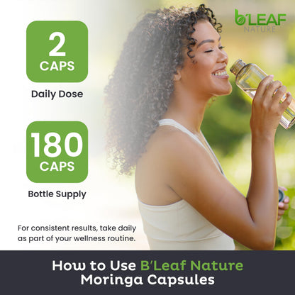 B'Leaf Nature Organic Moringa Capsules 1000mg | 180ct Vegan Non-GMO