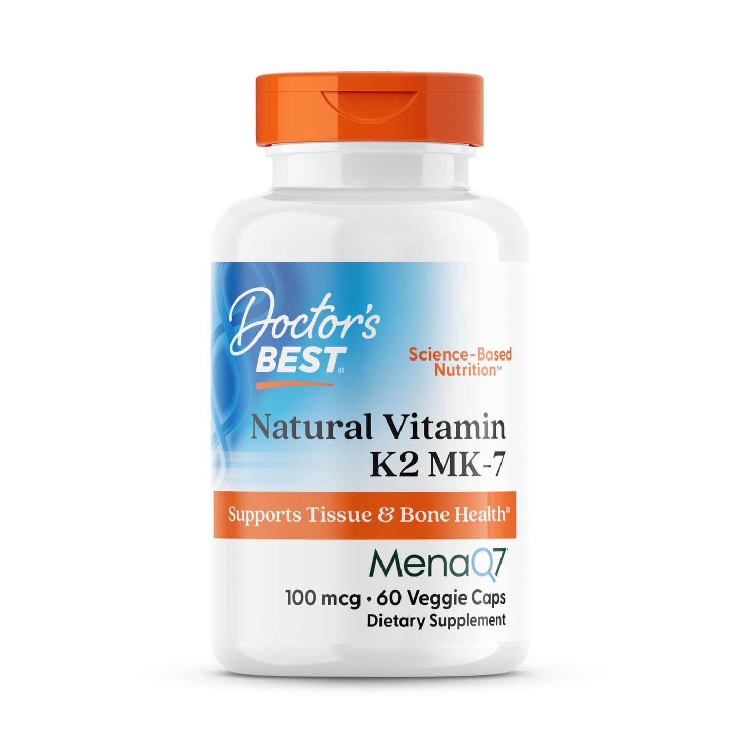 Supplement bottle labeled 'Doctor's Best Natural Vitamin K2 MK-7' on a white background