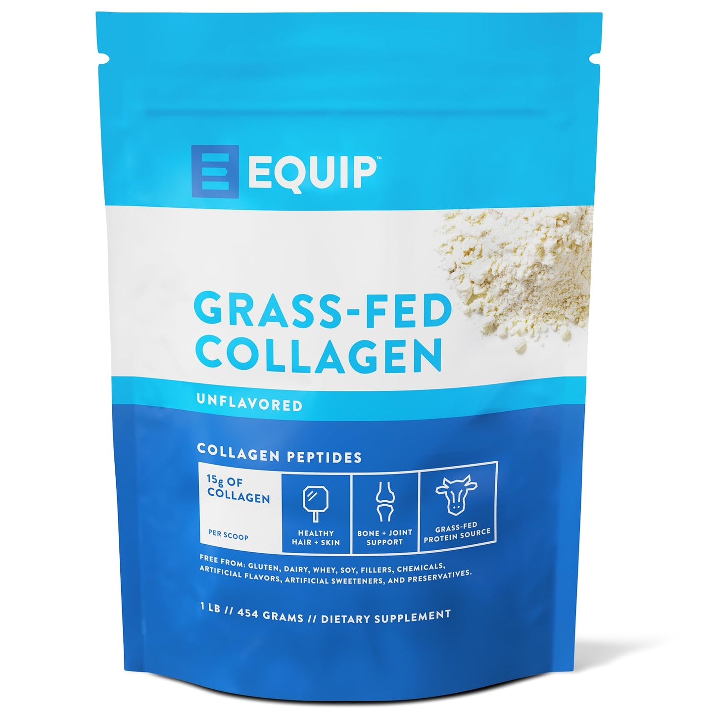 Package of Equip grass-fed collagen on a white background