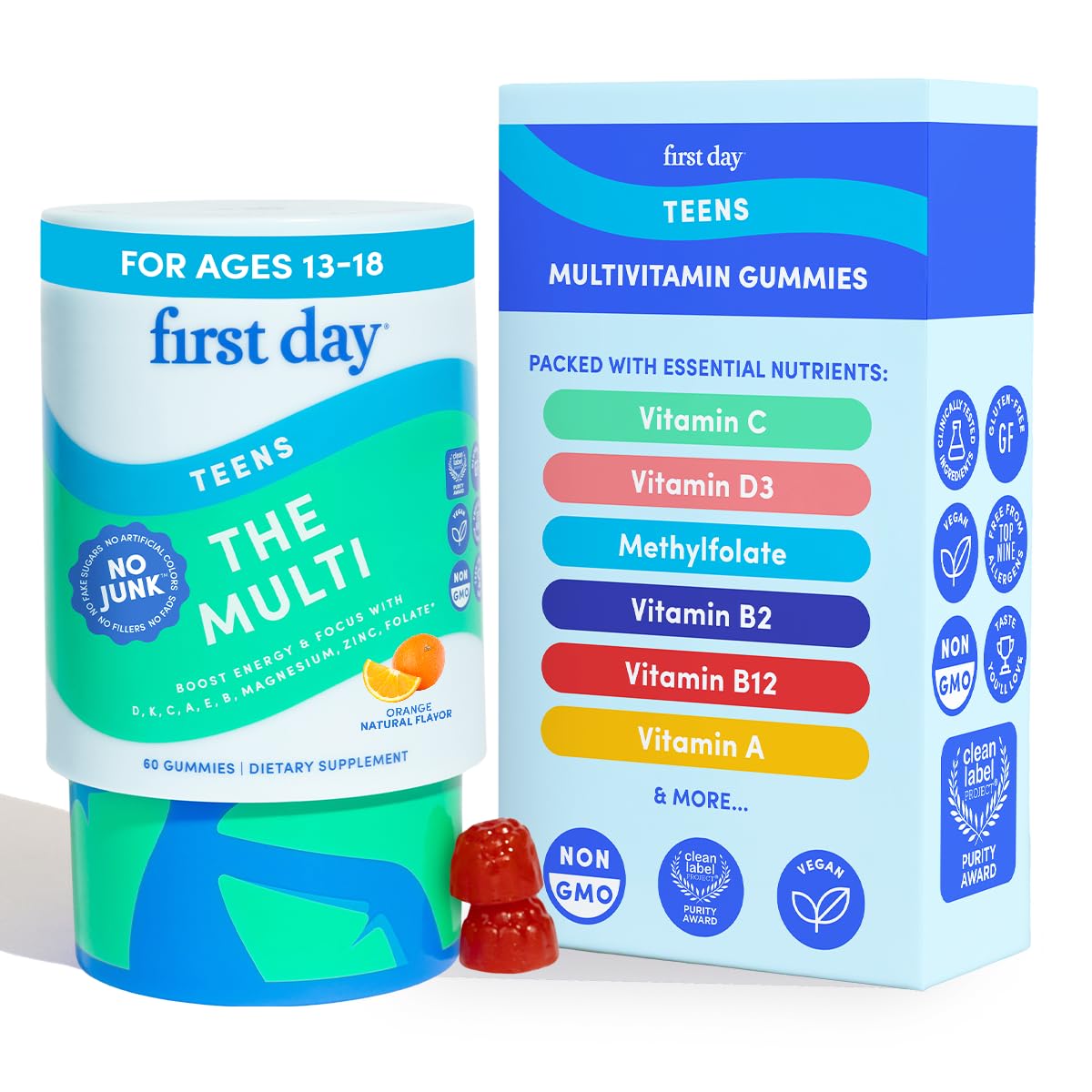 First Day Vitamins for Teens – Teen Multivitamin for Boys & Girls 12-17 | Organic Fruit & Veggie Blend | 30 Day Supply