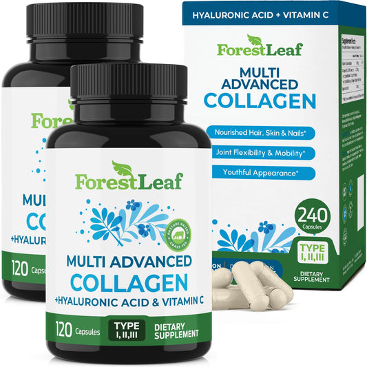 ForestLeaf Multi Collagen Pills with Hyaluronic Acid + Vitamin C | Hydrolyzed Collagen for Skin, Joints, and Hair | 240 Capsules - Calm Era
