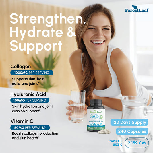 ForestLeaf Multi Collagen Pills with Hyaluronic Acid + Vitamin C | Hydrolyzed Collagen for Skin, Joints, and Hair | 240 Capsules - Calm Era