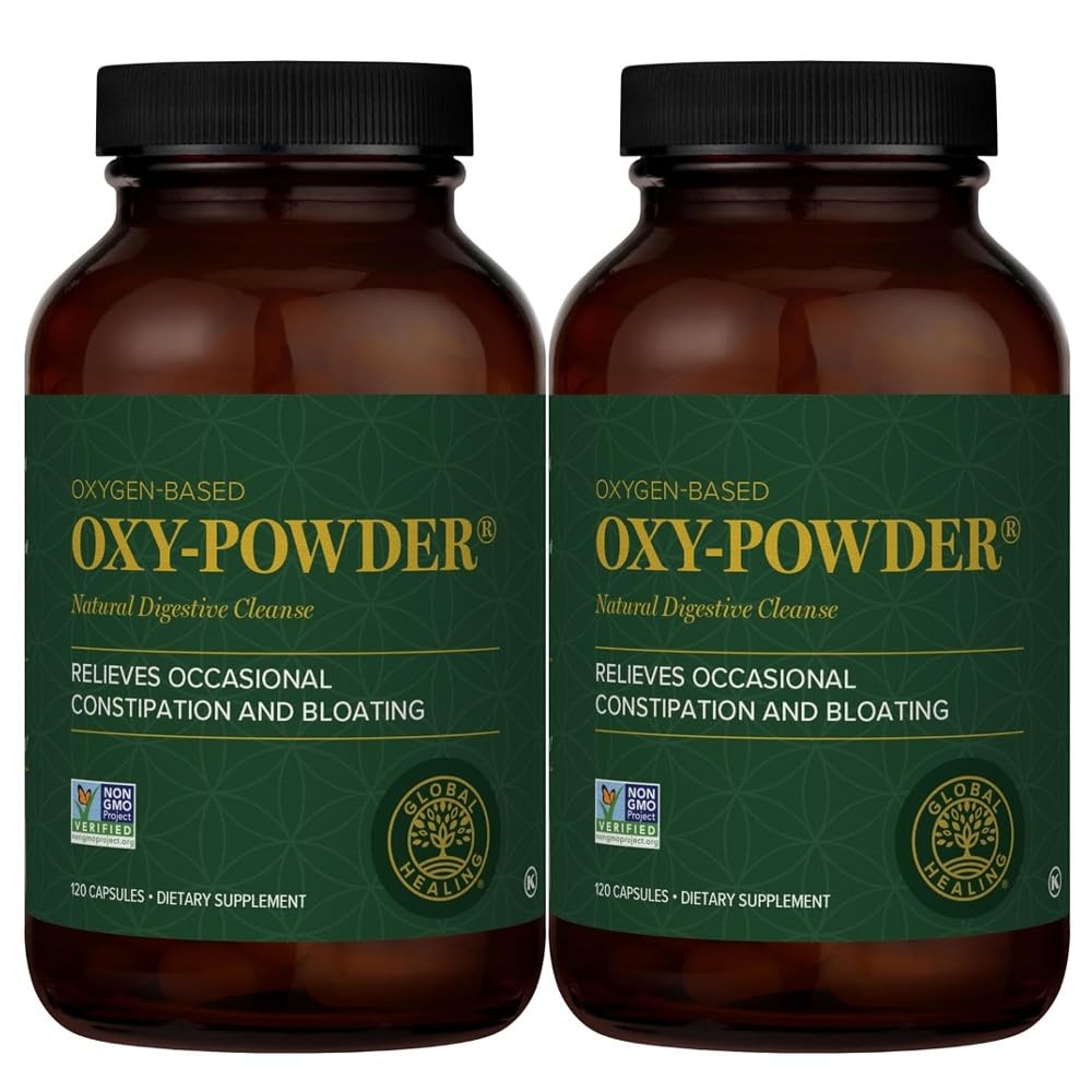 Two bottles of Oxy-Powder dietary supplement on a white background