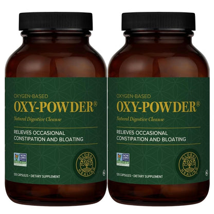 Two bottles of Oxy-Powder dietary supplement on a white background