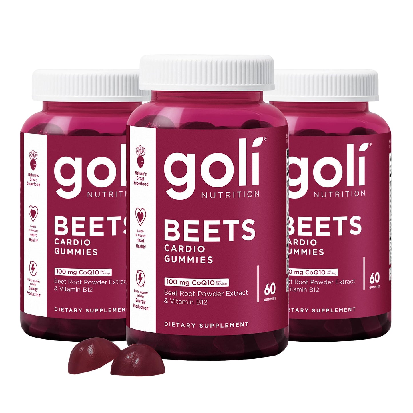 Goli Beets Cardio Gummies with CoQ10 & Vitamin B12 – Beetroot Extract for Cardiovascular Wellness | 60 Count (3 Pack)