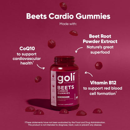 Goli Beets Cardio Gummies with CoQ10 & Vitamin B12 – Beetroot Extract | Vegan, Non-GMO, Gluten-Free (300 Count, 5 Pack)