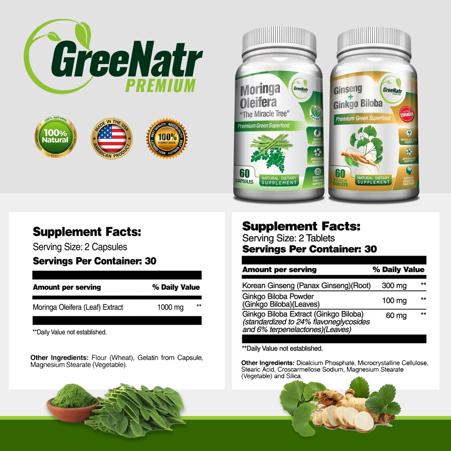 GreeNatr Ginkgo Biloba, Panax Ginseng & Moringa Bundle