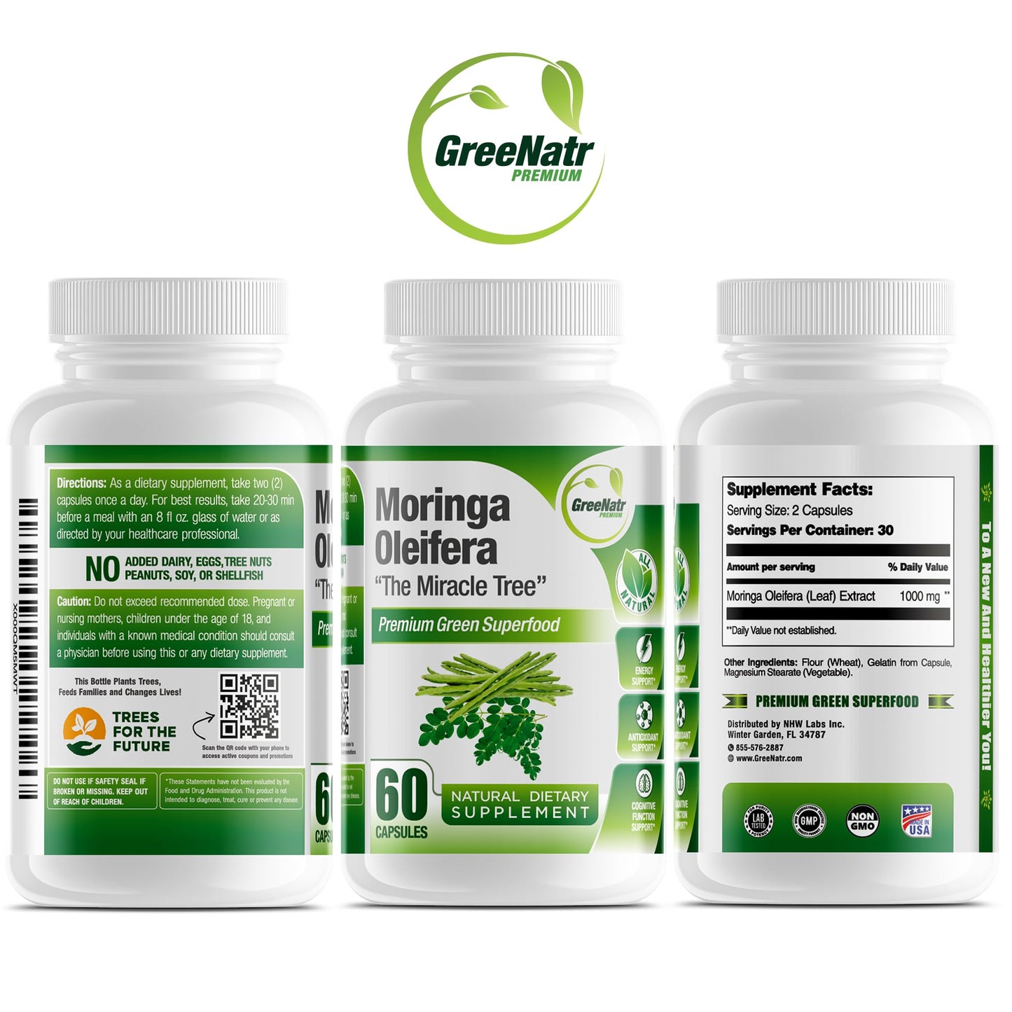 GreeNatr Pure Moringa Oleifera Capsules 1000mg | 3-Bottle Pack