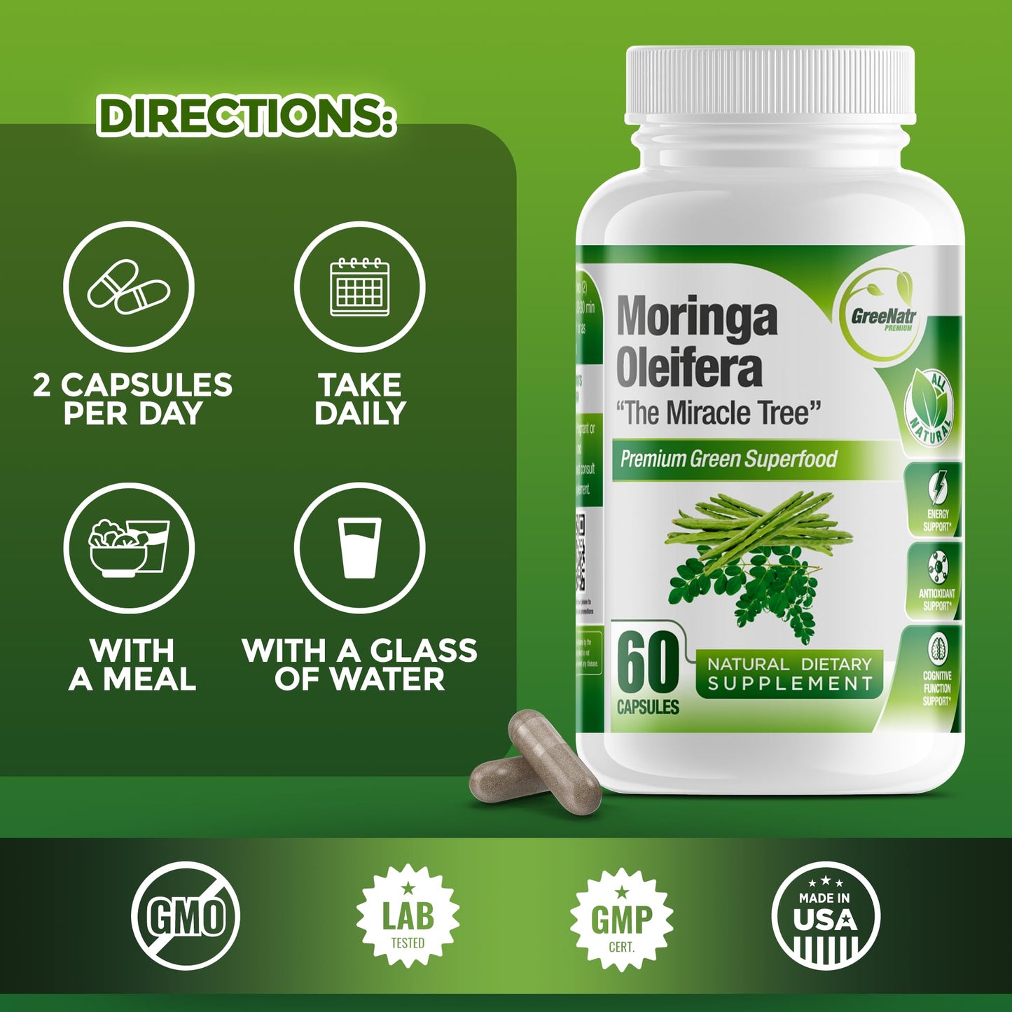 GreeNatr Pure Moringa Oleifera Capsules 1000mg | 3-Bottle Pack