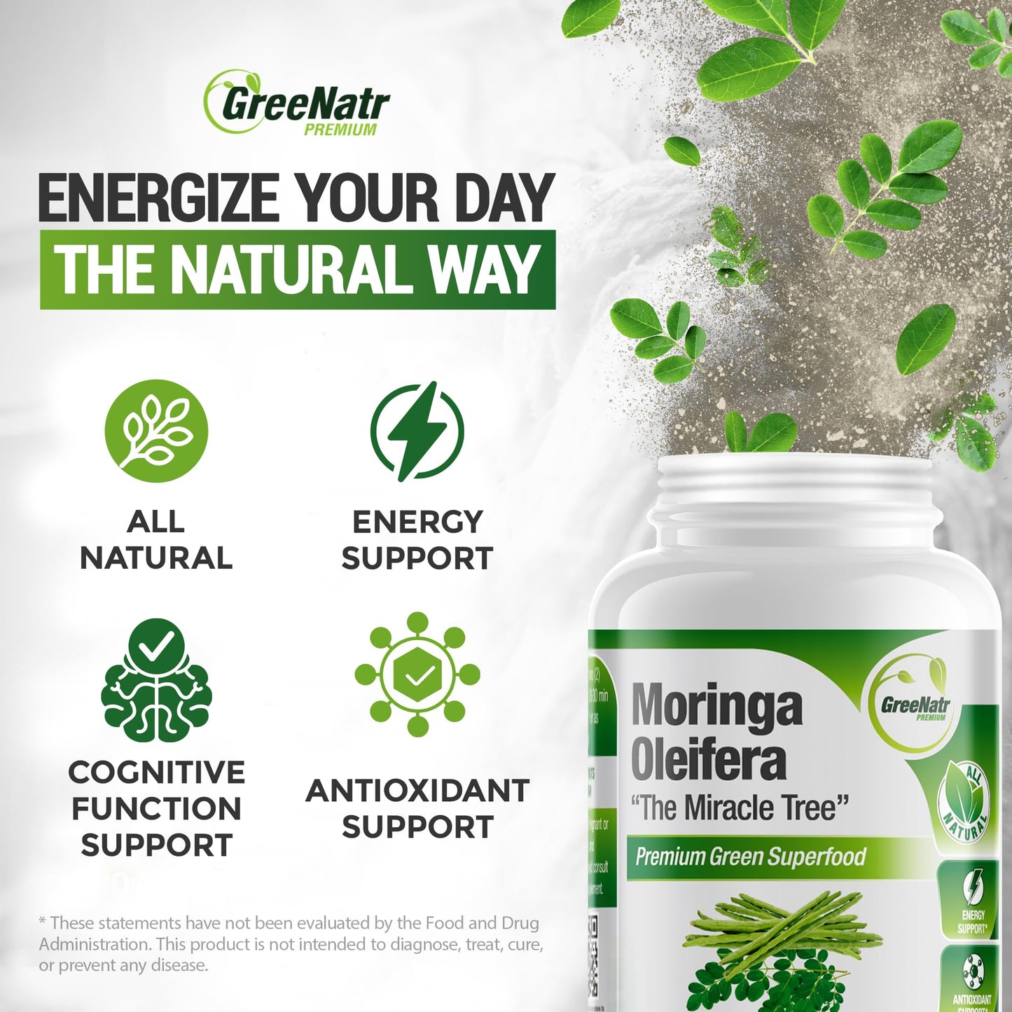 GreeNatr Pure Moringa Oleifera Capsules 1000mg | 3-Bottle Pack