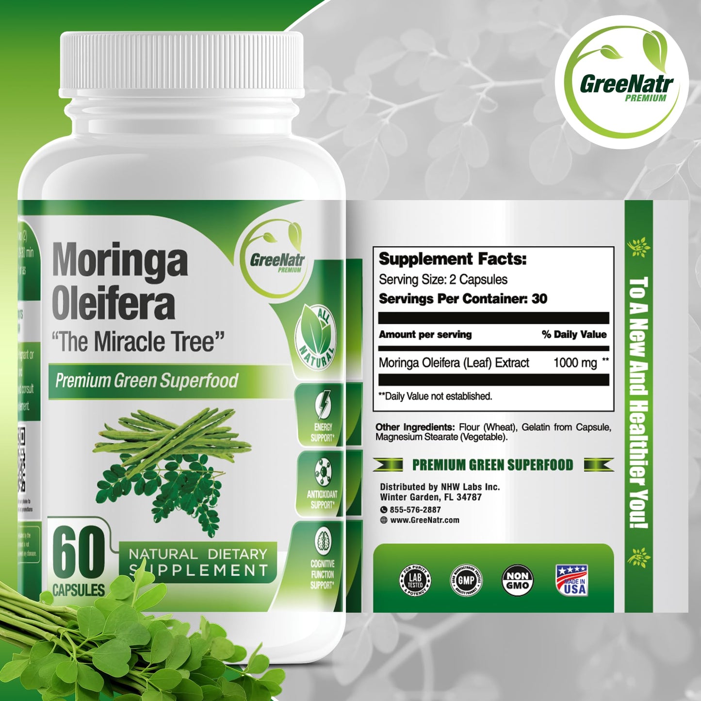 GreeNatr Pure Moringa Oleifera Capsules 1000mg | 3-Bottle Pack