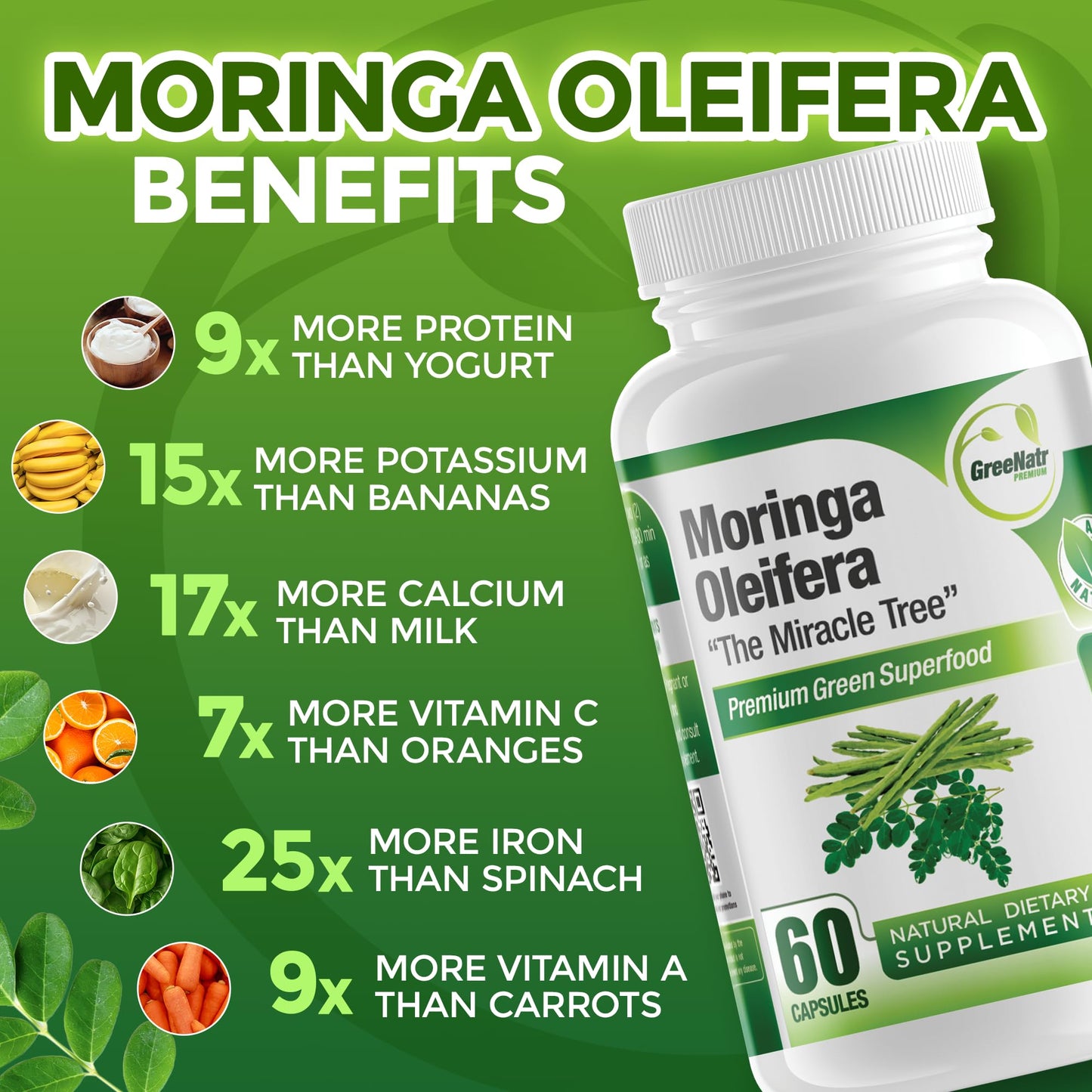 GreeNatr Pure Moringa Oleifera Capsules 1000mg | 3-Bottle Pack