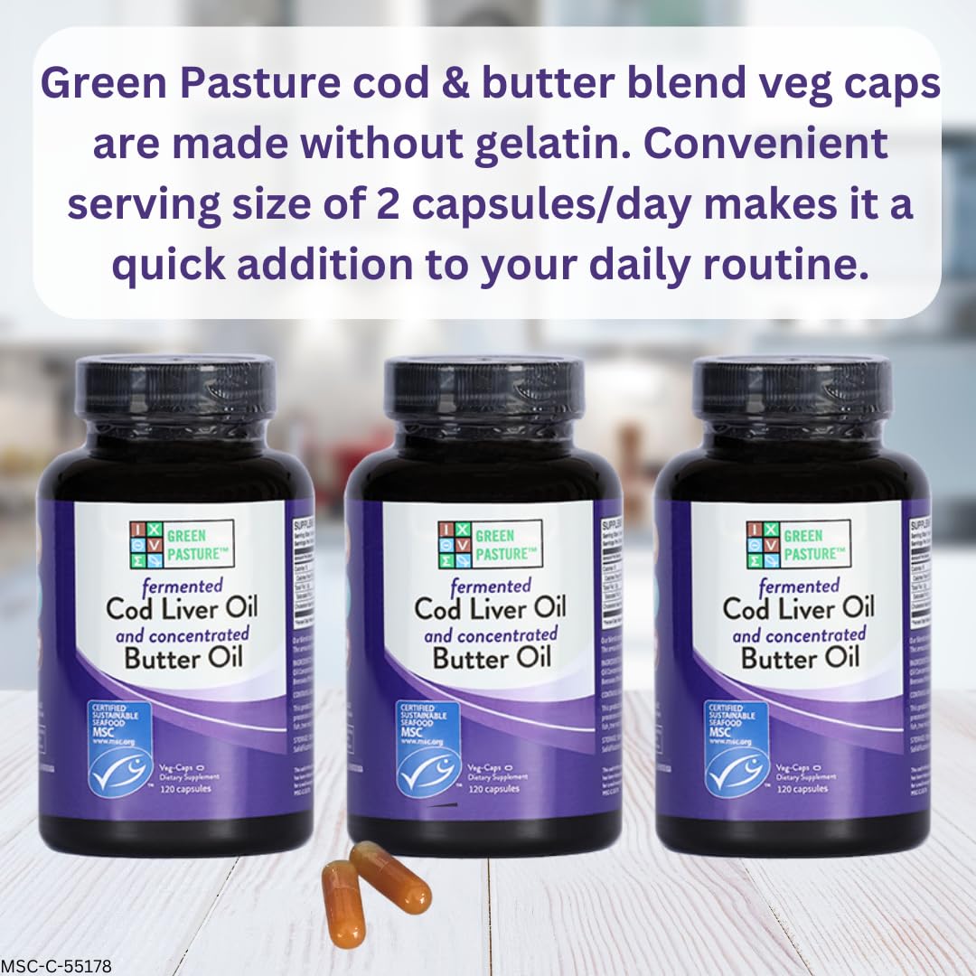 Green Pasture Fermented Cod Liver Oil & Butter Oil Blend – 120 Capsules