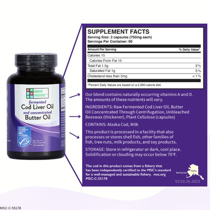 Green Pasture Fermented Cod Liver Oil & Butter Oil Blend – 120 Capsules