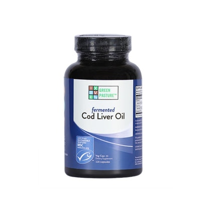 Bottle of Green Pasture Fermented Cod Liver Oil on a white background