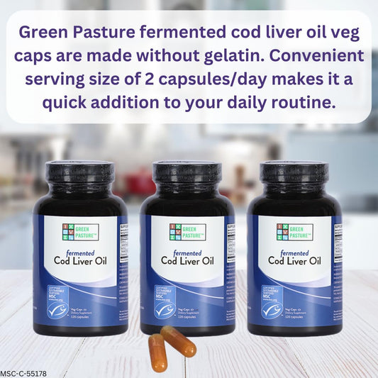 Green Pasture Fermented Cod Liver Oil – Non-Gelatin 120 Capsules