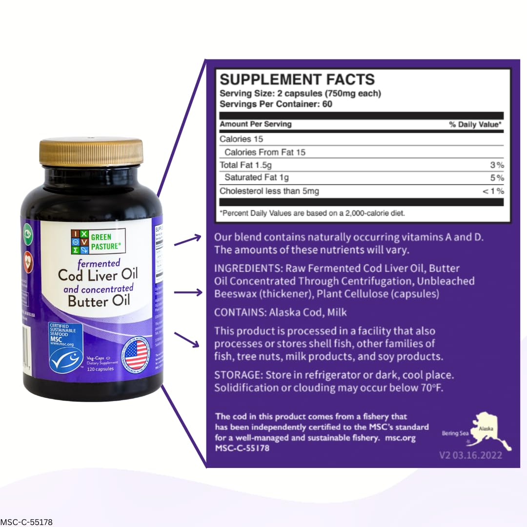 Green Pasture Fermented Cod Liver Oil & Butter Oil Blend – 120 Capsules