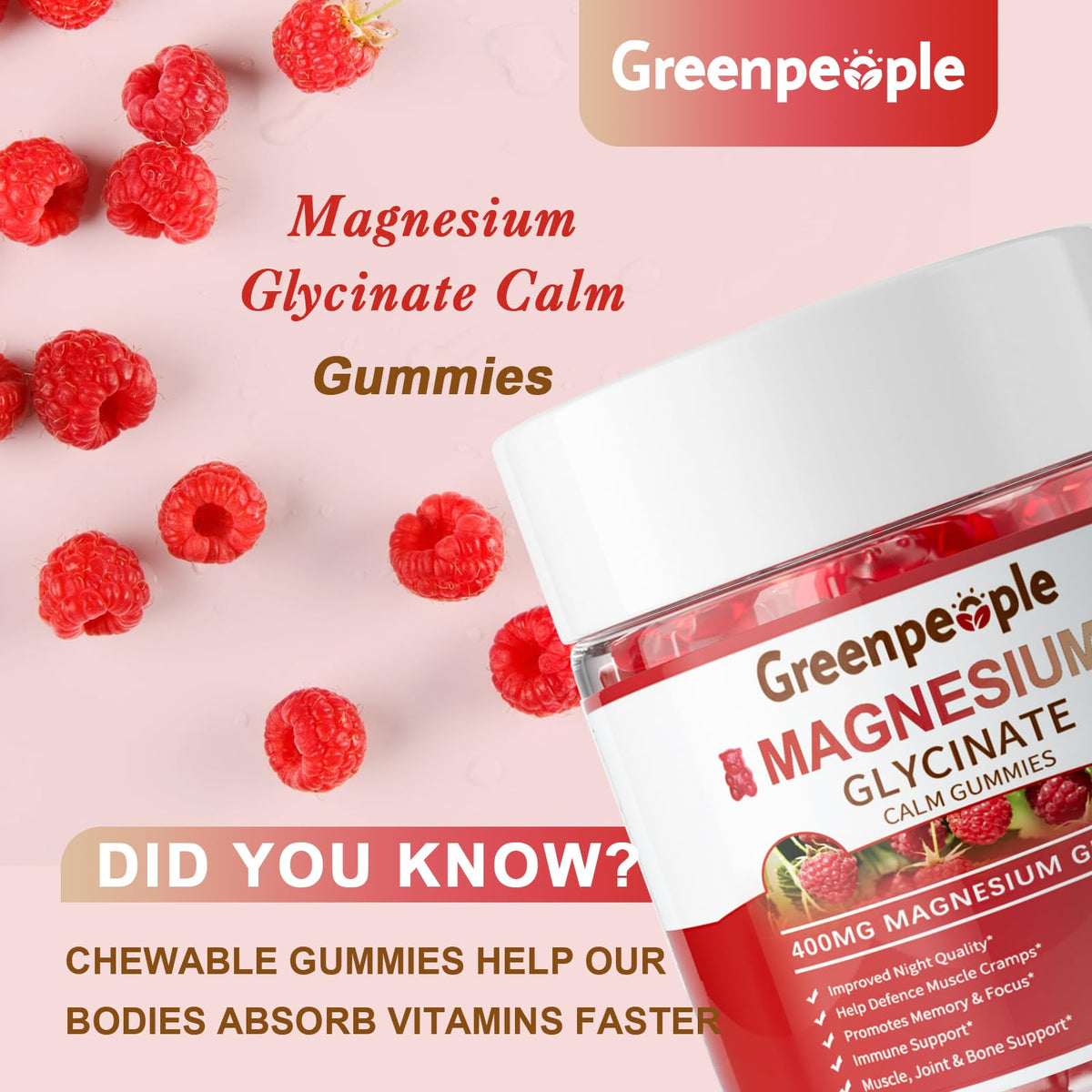 GREENPEOPLE Magnesium Glycinate Gummies 400mg — Sugar Free Raspberry Flavor, Vitamin D & B6 for Calm Support - Calm Era