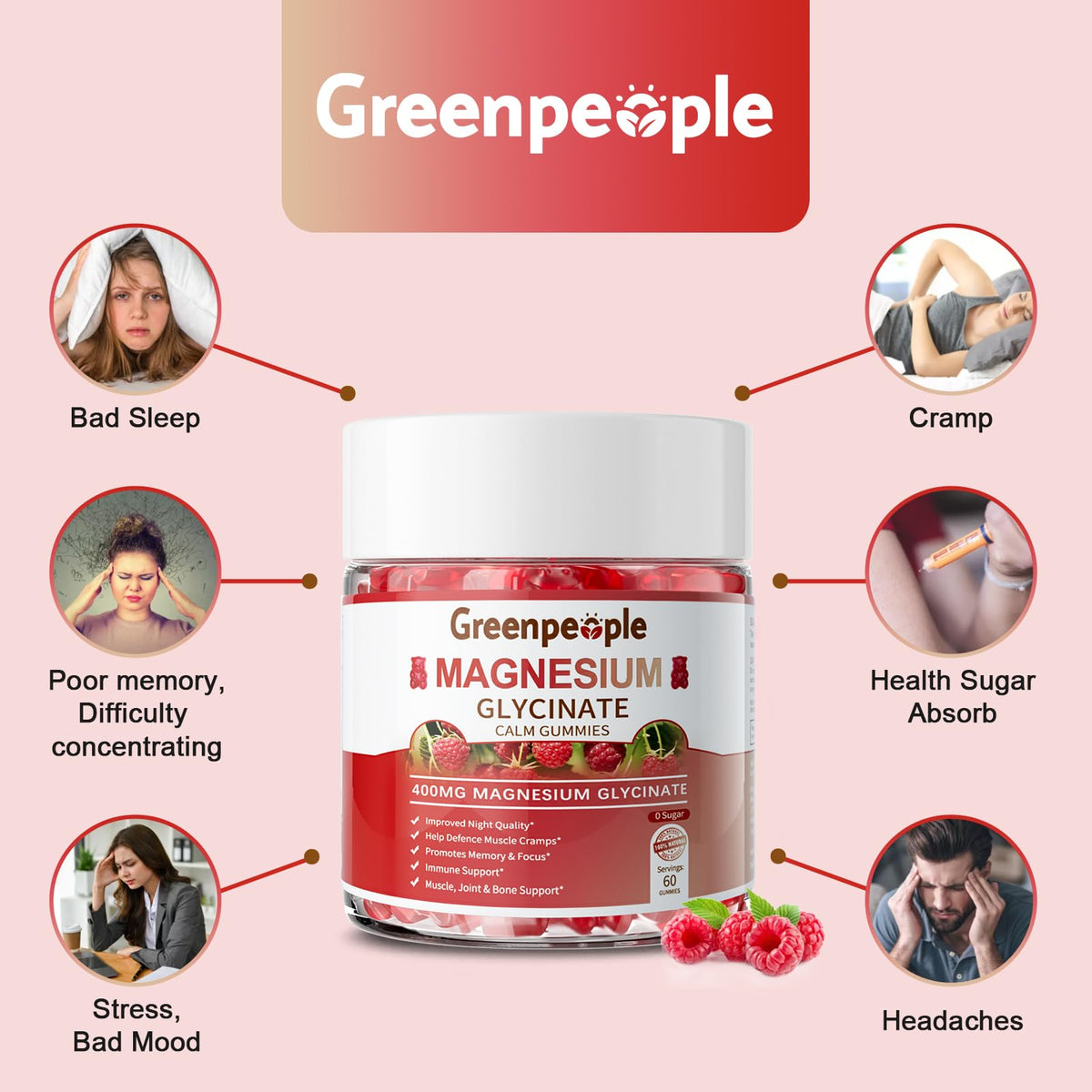 GREENPEOPLE Magnesium Glycinate Gummies 400mg — Sugar Free Raspberry Flavor, Vitamin D & B6 for Calm Support - Calm Era