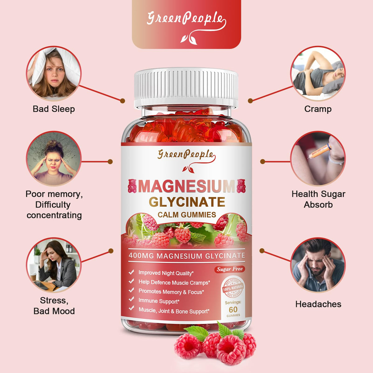 GREENPEOPLE Magnesium Glycinate Gummies 400mg — Sugar Free Raspberry Flavor, Vitamin D & B6 for Calm Support - Calm Era