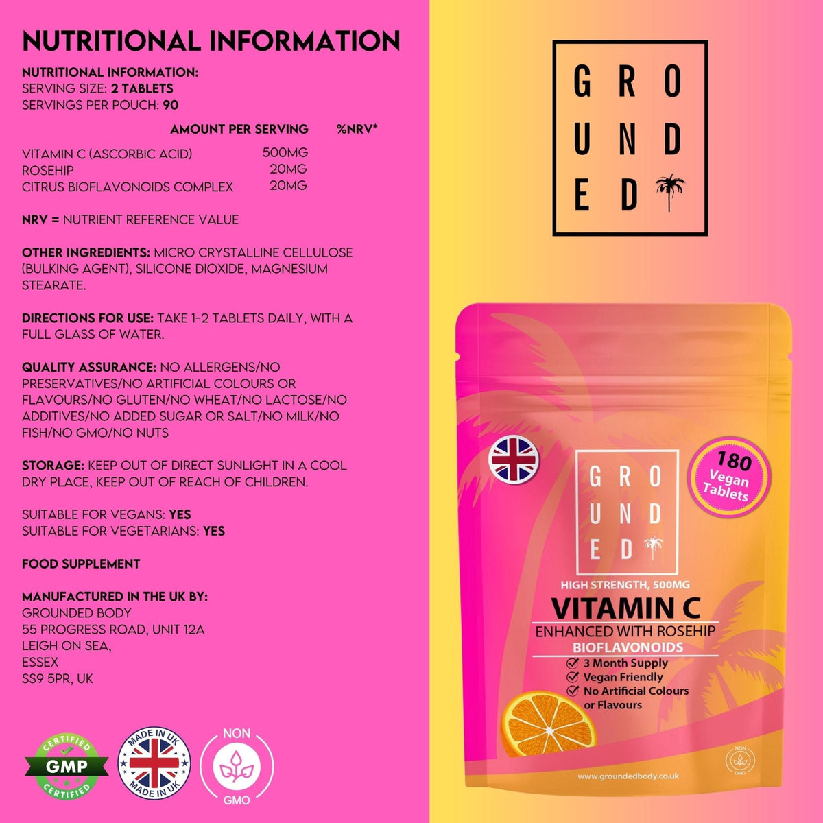 Grounded Vitamin C 500mg with Rosehip & Bioflavonoids