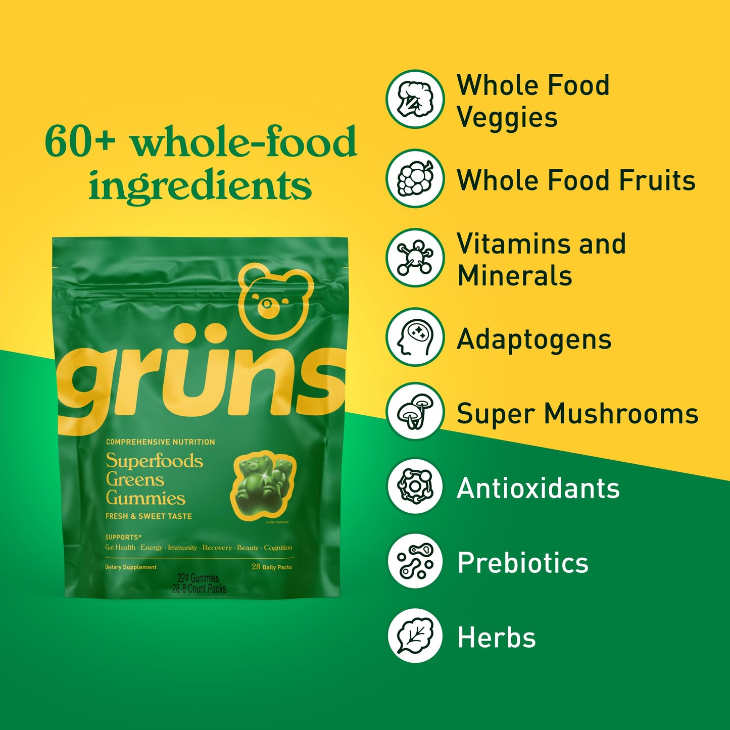 Grüns Adults Super Greens Multivitamin Gummies | 60+ Nutrients & 6g Fibre | 28 Daily Packs