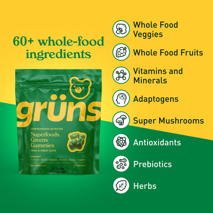 Grüns Adults Super Greens Multivitamin Gummies | 60+ Nutrients & 6g Fibre | 28 Daily Packs