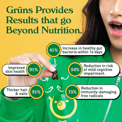 Grüns Adults Super Greens Multivitamin Gummies | 60+ Nutrients & 6g Fibre | 28 Daily Packs