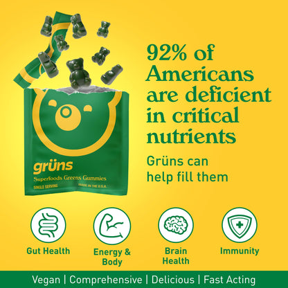 Grüns Adults Super Greens Multivitamin Gummies | 60+ Nutrients & 6g Fibre | 28 Daily Packs