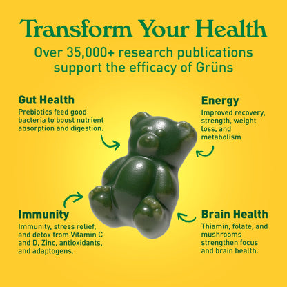 Grüns Adults Super Greens Multivitamin Gummies | 60+ Nutrients & 6g Fibre | 28 Daily Packs
