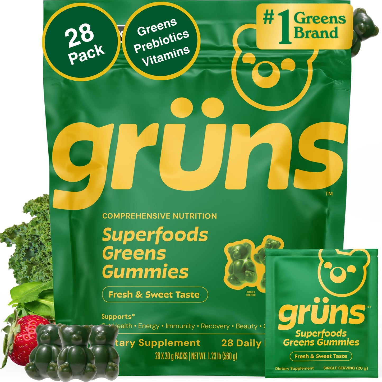 Grüns Adults Super Greens Multivitamin Gummies | 60+ Nutrients & 6g Fibre | 28 Daily Packs
