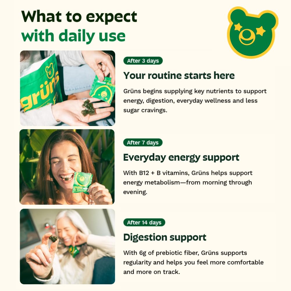 Grüns Adults Super Greens Multivitamin Gummies | 60+ Nutrients & 6g Fibre | 28 Daily Packs