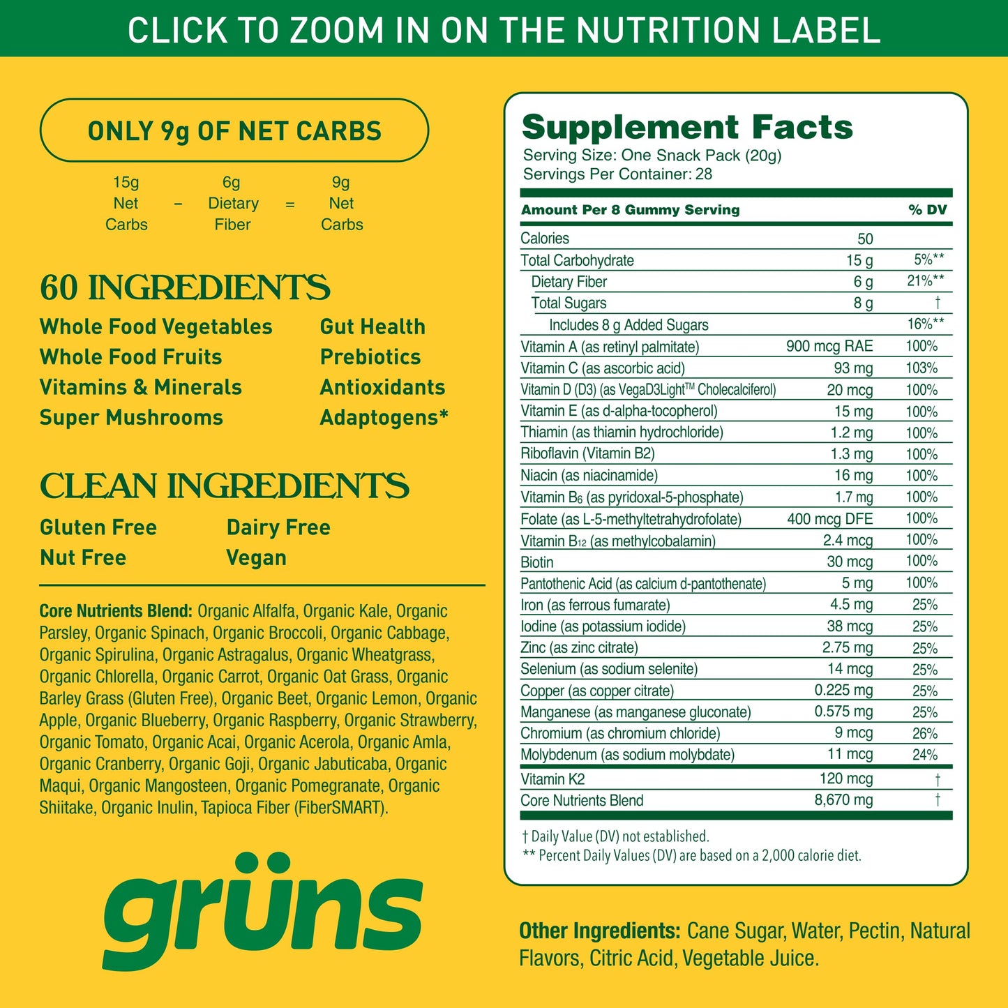Grüns Adults Super Greens Multivitamin Gummies | 60+ Nutrients & 6g Fibre | 28 Daily Packs