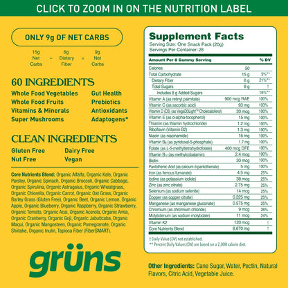 Grüns Adults Super Greens Multivitamin Gummies | 60+ Nutrients & 6g Fibre | 28 Daily Packs