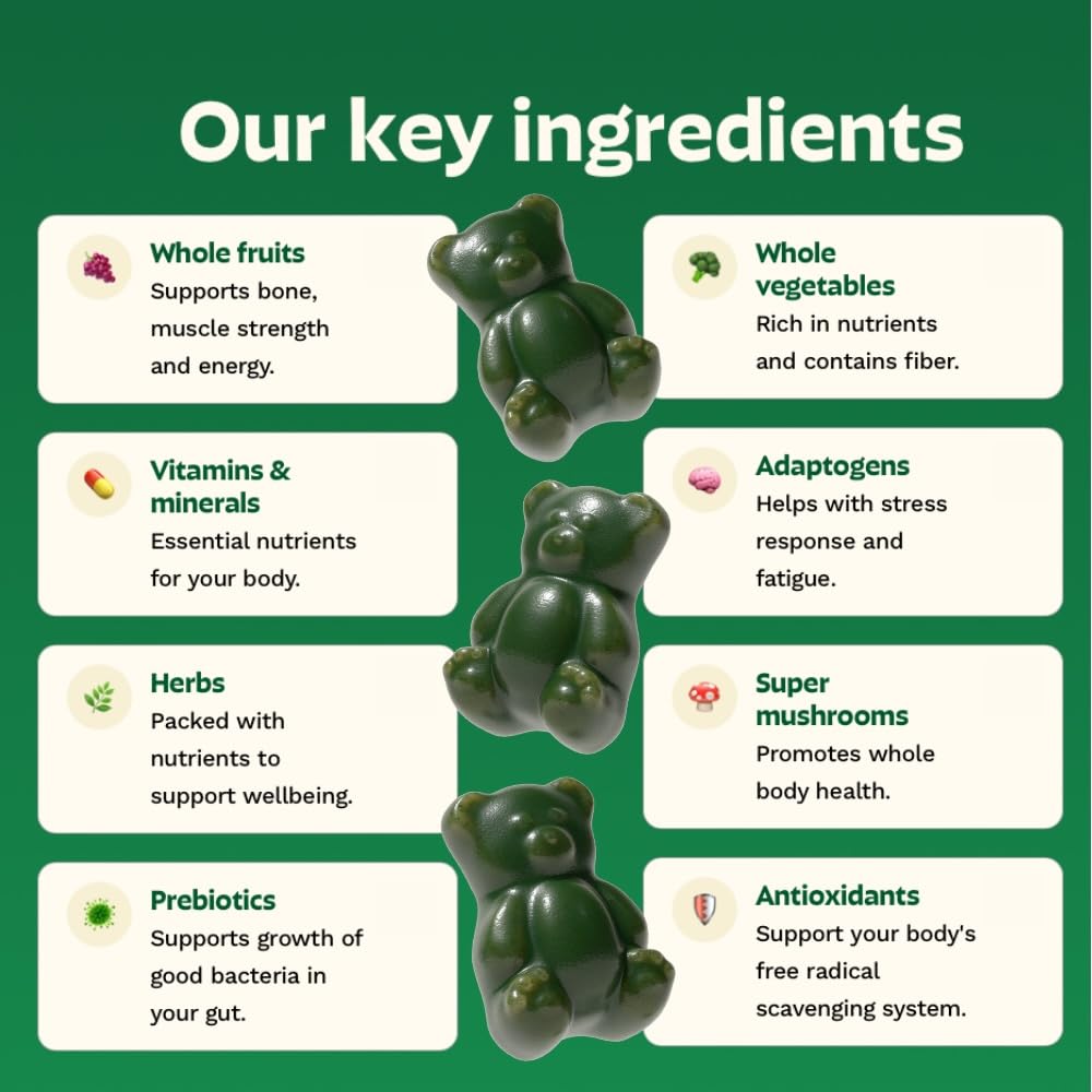 Grüns Adults Super Greens Multivitamin Gummies | 60+ Nutrients & 6g Fibre | 28 Daily Packs
