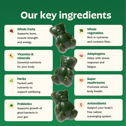 Grüns Adults Super Greens Multivitamin Gummies | 60+ Nutrients & 6g Fibre | 28 Daily Packs