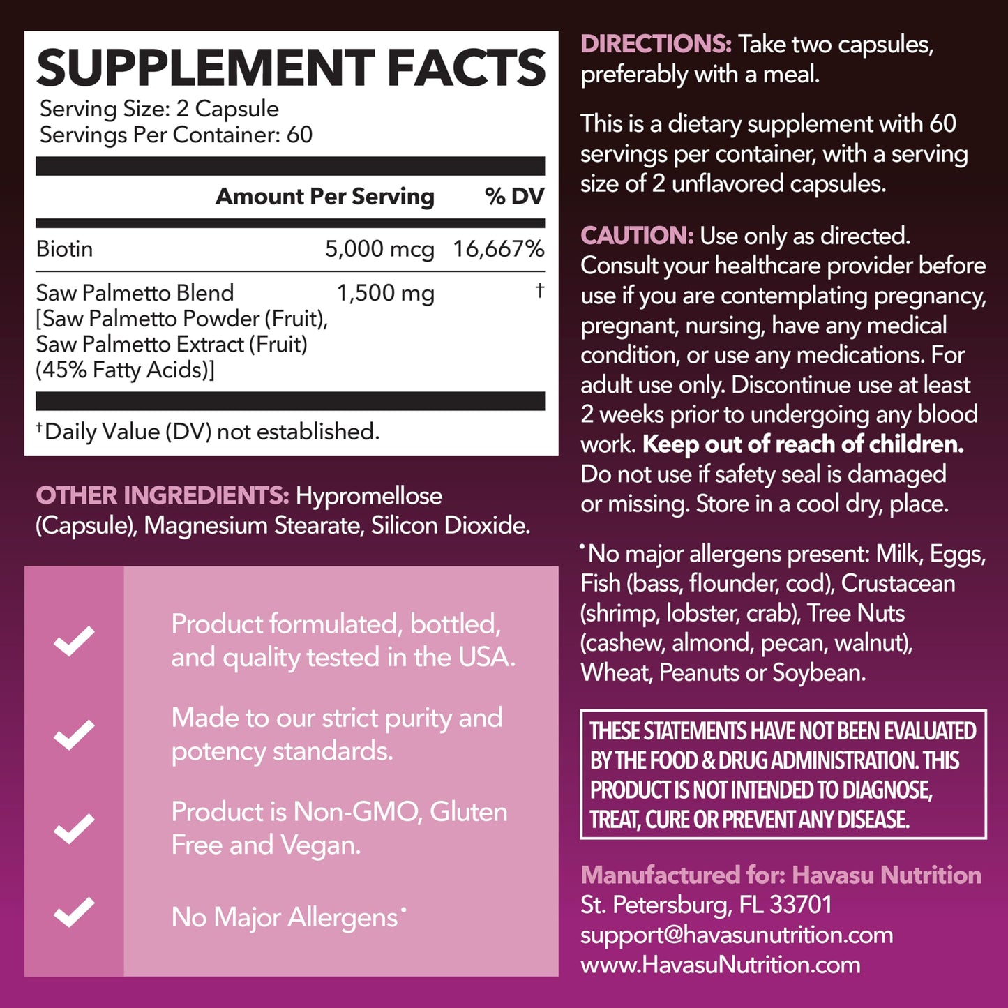HAVASU Saw Palmetto 1500mg with Biotin 5000mcg | 120ct | Hair & Nails