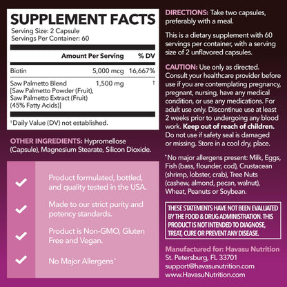 HAVASU Saw Palmetto 1500mg with Biotin 5000mcg | 120ct | Hair & Nails